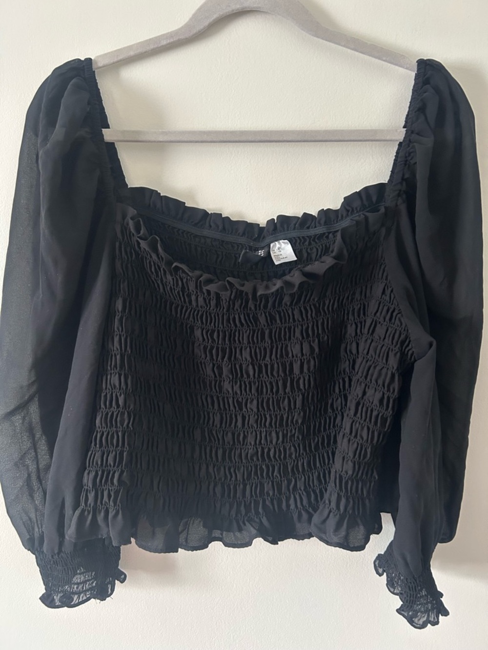 Divided Black Smocked Peasant Blouse Top with Sheer Sleeves